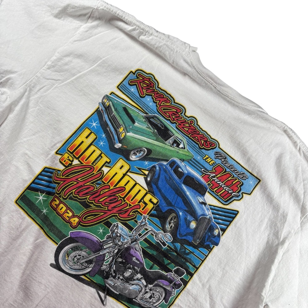 River Cruisers Hot Rods & Harleys 2024 Graphic T-Shirt Mens Small White Car Show